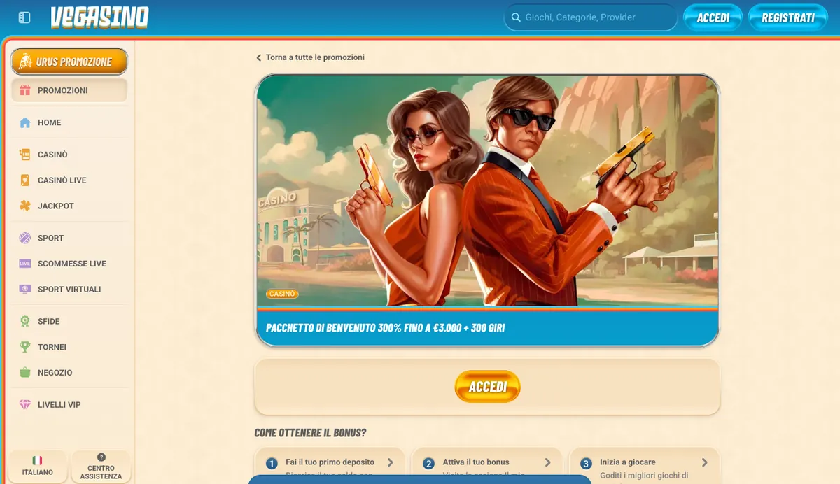 Pagina del pacchetto di benvenuto 300% fino a €3.000 su Vegasino