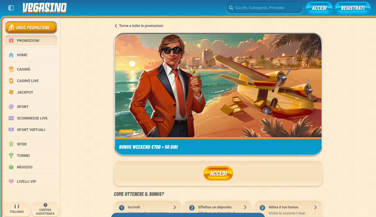 Bonus weekend €700 + 50 giri su Vegasino