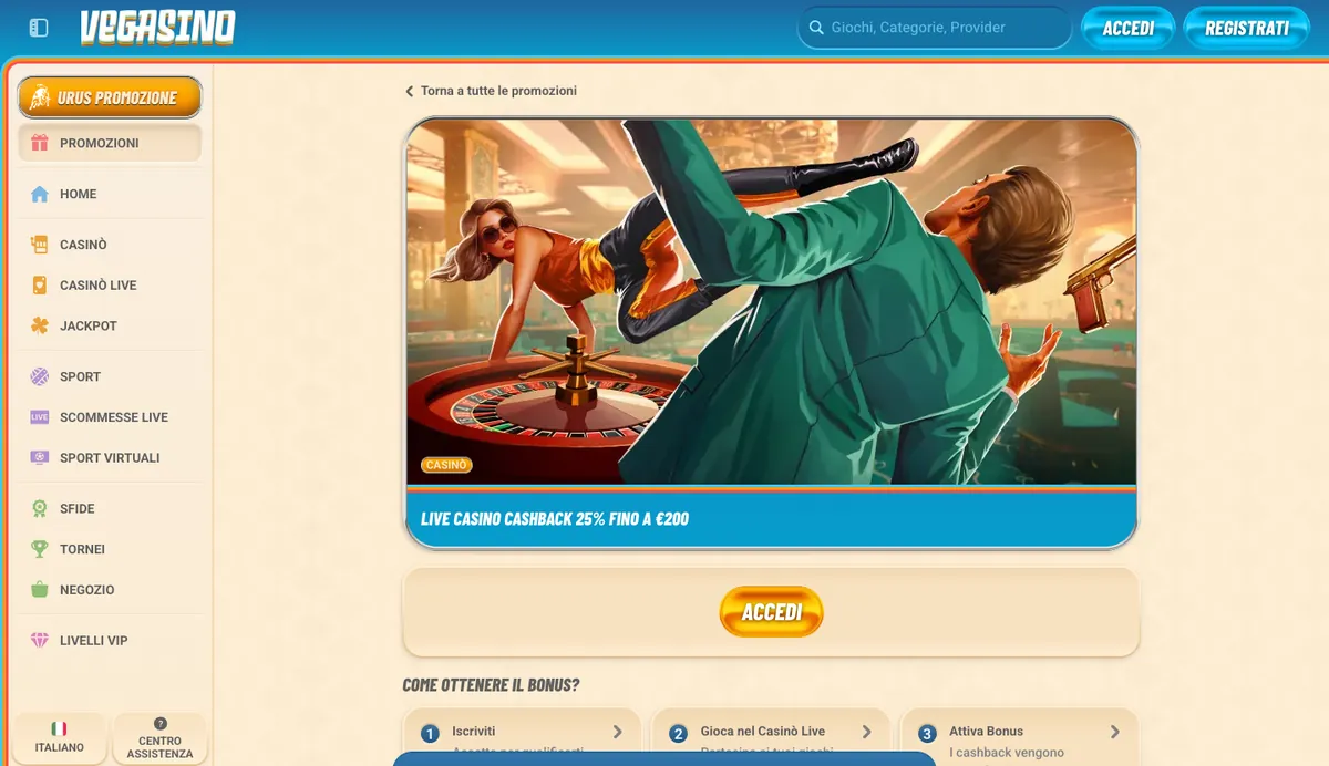 Cashback casinò live 25% su Vegasino