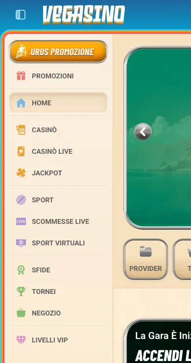 Menu laterale di Vegasino da smartphone