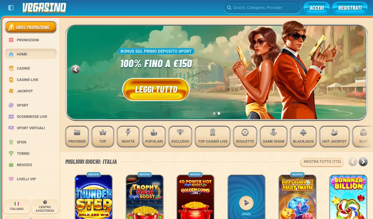 Home page di Vegasino con i pulsanti Accedi e Registrati