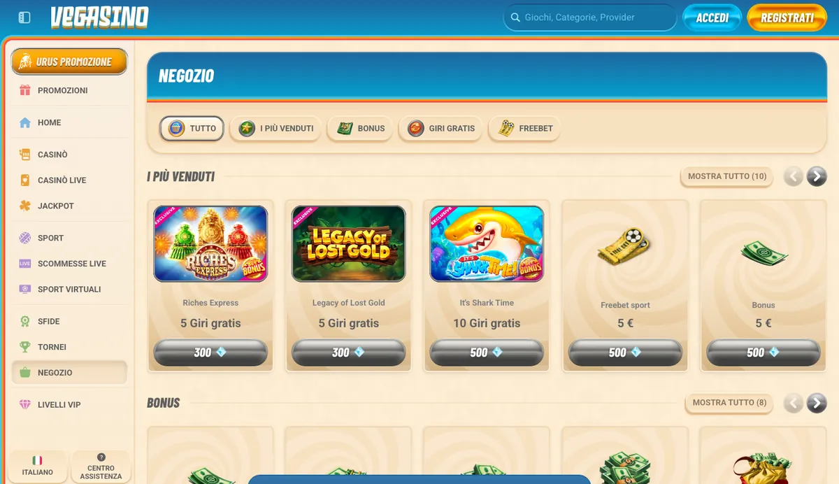 Negozio di Vegasino con bonus e giri in cambio di monete
