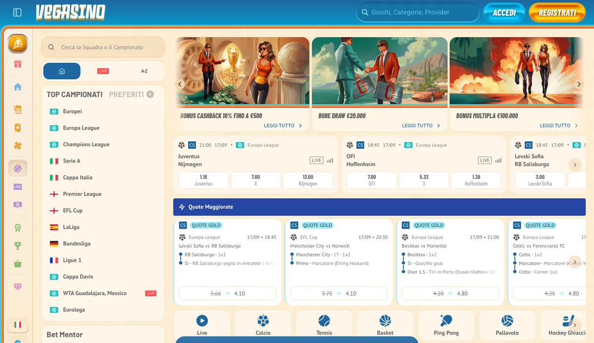 Sezione scommesse sportive di Vegasino
