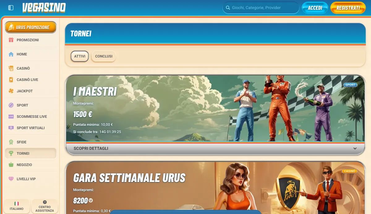 Tornei attivi su Vegasino